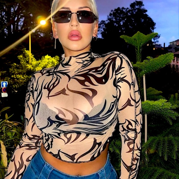 Tan mesh tribal striped long sleeve top - Picture 5 of 14